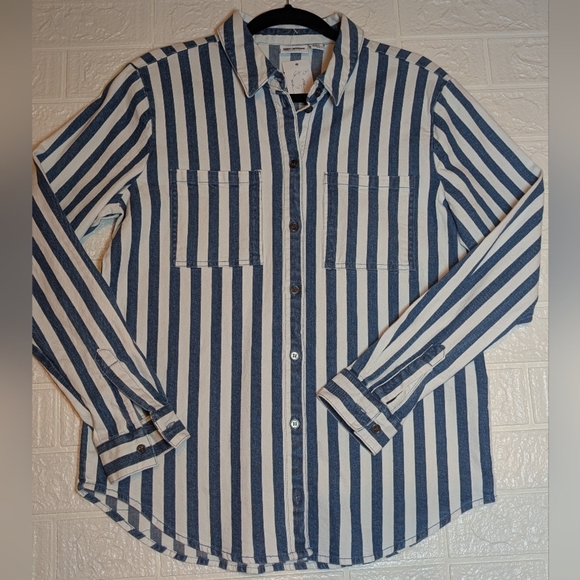 106.NWT Denim NOISY MAY Blue and White Striped Button-Up Shirt - Picture 2 of 7